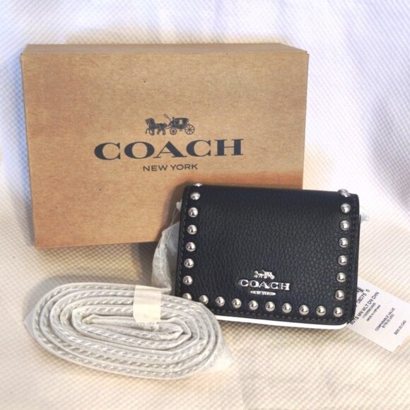 Coach Leather Mini Flap Wallet on a Chain w/Rivets in Black, NWT - Picture 1 of 8
